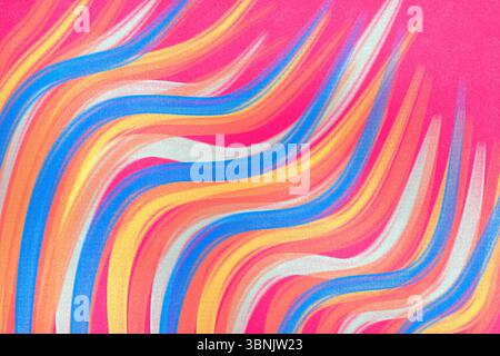 Abstrakter Hintergrund mit Neonfarben und lebhaften Mustern. Das Bild zeigt dynamisch fließende Linien in hellen Farbtönen wie Rosa, Blau und Gelb. Stockfoto