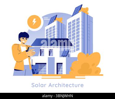 Solar Power Illustration betont die Integration von Solarenergie in die städtische Architektur. Es handelt sich um einen Mann, der sich mit Solarpaneelen an Gebäuden beschäftigt, um Nachhaltigkeit und saubere Energielösungen zu fördern. Stock Vektor