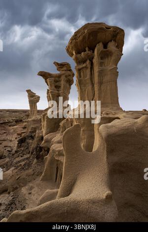Dramatische Felsformationen in der Bisti/de-Na-Zin Wilderness, New Mexico, USA. Die einzigartige Landschaft dieser Badlands zeigt die krasse Schönheit der Stockfoto