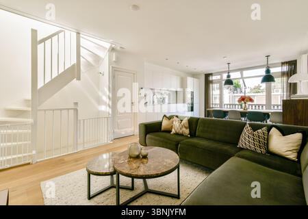 Stilvolles, modernes Wohnzimmer mit gemütlichem Sofa, eleganter Einrichtung und offener Küche. Tageslicht verstärkt die geräumige und einladende Atmosphäre Stockfoto
