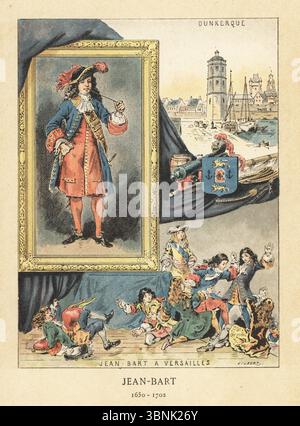 Jean-Bart, französischer Marinekommandant und Dunkirk Privateer, 1650-1702. Porträt in voller Länge mit Tabakpfeife und Vignette von Jean-Bart, der vor König Ludwig XIV. In Versailles mit bummeligen Höflingen streitet. Blick auf den Hafen von Dünkirchen. Jean-Bart A Versailles. Dunkerque. Chromolithographie nach einer Illustration von Gilbert aus Madame Gustave Demoulin (Anais Gillet) Les Francaises illustres, The French Illustrated, Hachette, Paris, 1889. Stockfoto