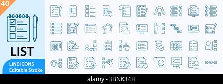 Checkliste, Symbolgruppe Aufgabenliste, Symbole für Aufgabenzeile. Lineare Symbolsammlung. Bearbeitbare Kontur. Vektorabbildung Stock Vektor