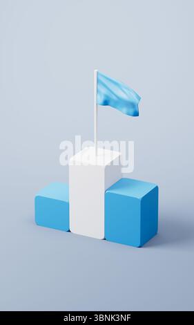 Wettkampfrangliste Podiumsschritte mit Flagge, 3D-Rendering. 3D-Abbildung. Stockfoto