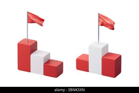 Wettkampfrangliste Podiumsschritte mit Flagge, 3D-Rendering. 3D-Abbildung. Stockfoto