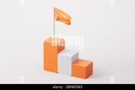 Wettkampfrangliste Podiumsschritte mit Flagge, 3D-Rendering. 3D-Abbildung. Stockfoto