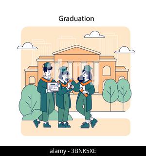 Abschlusskonzept. Illustration von drei glücklichen Studenten in Graduierungsgewändern und -Mützen, die Diplome vor einer Universität halten. Stock Vektor