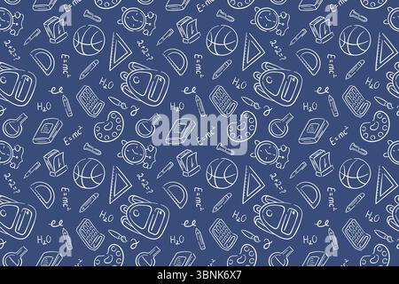 Back-to-School-Zubehör im nahtlosen Doodle-Stil. Strichkunst stationäre Illustrationsdesign auf blauem Hintergrund für Paket, Tapete. Stock Vektor
