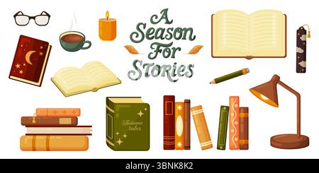 Flaches Vektorset mit Herbstleseelementen wie Buchstapeln, offenem Buch, Gläsern, dampfendem Kaffee, gemütlicher Kerze, Bleistift, Schreibtischlampe und Schriftzug. Stock Vektor