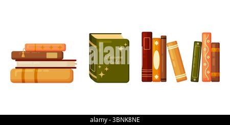 Flache Vektorillustration eines diversen Stapels herbstfarbener Bücher. Ideal für Lesen, Bildung, Bibliotheken und gemütliche Herbstthemen. Isoliert auf weiß Stock Vektor