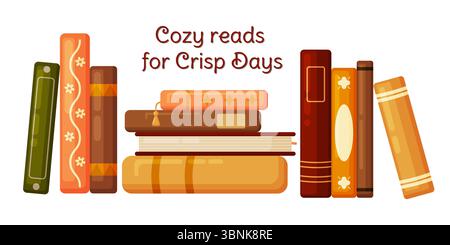 Flache Vektorillustration herbstfarbener Bücher mit Text. Perfekt für saisonales Lesen, gemütliches Zuhause, literarische Veranstaltungen und Bildungsthemen. Isolierter o Stock Vektor