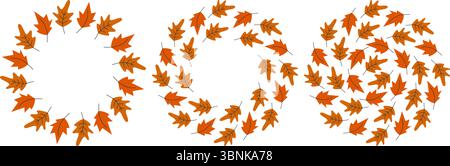 Handgezeichneter Ahorn- und Eichenlaub Kreisrahmen Ränder und runder Hintergrund Kopierraum Vorlagensatz. Isolierte Vektor-Illustration Herbst Feiertage Grußkarten, Poster, Faltblatt, Etikett oder Banner, Tag Stock Vektor