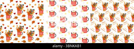 Herbstlaub in Tasse mit Hello Herbsttext und Becher mit Marshmallows Cubes Seamless Pattern Bundle. Isolierte Vektor-Illustration Herbst Themen Karten Hintergrund Party Einladungen oder Banner, Flugblätter, Preis Stock Vektor