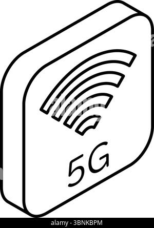 Isometrisches Symbol für 5G-Mobilfunkkommunikation mit Antennenturm und Hochgeschwindigkeitswellen, Schwarzweiß, Vektorillustration Stock Vektor