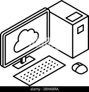 Desktop-PC mit Isometrie in der Cloud und Desktop-Computer verbunden, Schwarzweiß, Vektorillustration Stock Vektor