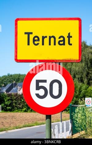Verkehrsschild Ternat, eine Urbanisierung mit einer Höchstgeschwindigkeit von 50, Ternat, Flämische Region Brabant, Belgien 1. Juli 2025 Stockfoto