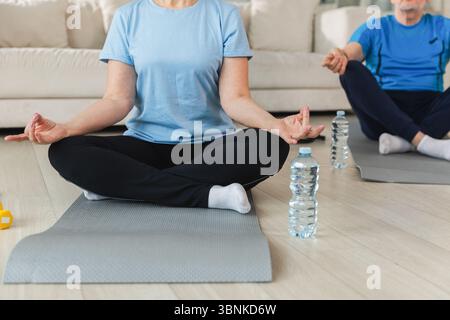 Yoga-Achtsamkeitsmeditation. Älteres Ehepaar, das zu Hause Yoga praktiziert. Hände in Kinnmudra-Geste. Alte Ehefrau sitzt in Lotusposition und Meditation entspannend. Familie, die Atemübungen macht. Stockfoto