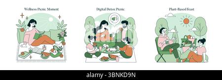 Drei beruhigende Vektor-Illustrationen, die verschiedene Picknickmomente darstellen. Szenen zeigen Entspannung, Familienzeit und pflanzenbasiertes Essen. Ideal für Wellness- und Lifestyle-Themen. Stock Vektor