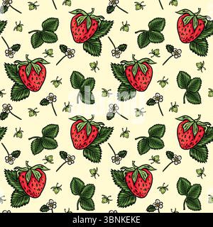 Nahtloses wiederholtes Muster mit Reifen roten Erdbeeren, grünen Blättern, Blumen und unreifen Beeren auf cremefarbenem Hintergrund. Ideal für Textilien, Verpackungen und Stock Vektor