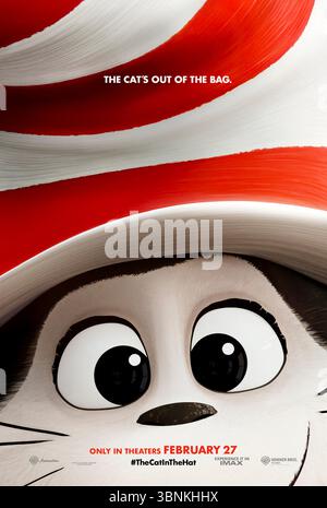 The Cat in the hat (2026) von Alessandro Carloni mit Bill Hader, Quinta Brunson und Bowen Yang. Eine animierte Adaption von Dr. Seuss' geliebtem Buch, in dem eine schelmische Katze mit rot-weißem Hut einen langweiligen, regnerischen Tag in ein wildes Abenteuer für zwei Kinder verwandelt. NUR ZUR REDAKTIONELLEN VERWENDUNG des US-Advance-Posters. Quelle: BFA / Warner Bros Stockfoto