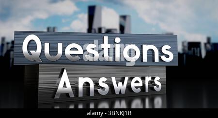 Fragen, Antworten – Metallblöcke und Wolkenkratzer – 3D-Illustration Stockfoto