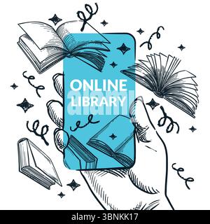 Online-Bibliothek, E-Book-App-Konzept. Hand mit Smartphone umgeben von Büchern. Vektor Hand gezeichnete Skizze Collage Illustration. E-Learning, Lesen, Bildung Stock Vektor