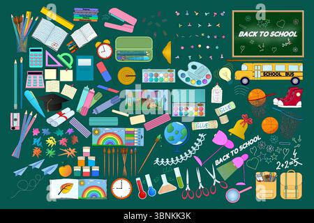 Große bunte flache Zeichentrick-Vektor-Kollektion. Set mit Schulbedarf, Schreibwaren und Unterrichtsgegenständen auf grünem Hintergrund. Für educ Stock Vektor