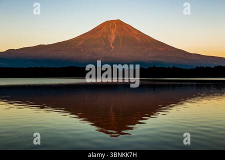 Roter Mt. Fuji in der Abenddämmerung vom Ufer des Tanuki-Sees aus gesehen Stockfoto