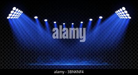 Nächtliches Stadionkonzert mit blauem Spotlight und Nebel. Fußballfeld mit Rauch, Dunst und LED-Flutlichtern. Helle Bühnenlichter, Disco-Atmosphäre und abstrakt beleuchteter Hintergrund. Vektorabbildung Stock Vektor