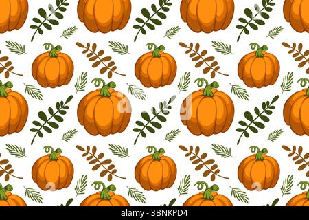 Nahtloses Muster mit bunten Herbstblättern, Kürbisse in Orange, Gelb. Herbstatmosphäre. Vektorillustration Hand auf weißem Hintergrund gezeichnet Stock Vektor