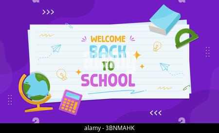 Willkommen zurück zur Schule Gruß auf lila Hintergrund mit Papier und Schreibwaren. Horizontale Hintergrundvorlage „zurück zur Schule“ Stock Vektor