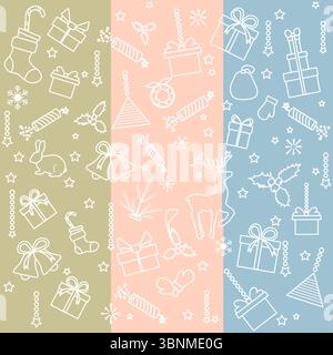 Nahtloses Weihnachtsmuster mit Geschenken, Strümpfen, stechpalme, Glocken und Rentier auf bunten Streifen Vektor Stock Vektor