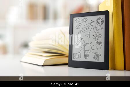 Digitales Tablet mit Bildern von Schulfächern auf einem weißen Tisch mit Büchern und Bücherregalen mit Büchern im Hintergrund. Vorderansicht. Stockfoto