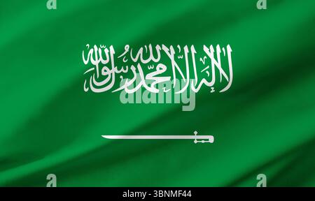 Hintergrunddetails der Flagge Saudi-Arabiens, die den gesamten Rahmen mit gewellter Textur besetzt. Stockfoto