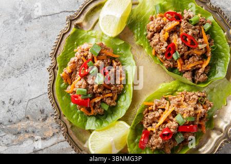 Hackfleisch-Salat im asiatischen Stil wird ganz nah auf den Teller auf dem Tisch gewickelt. Horizontale Draufsicht von oben Stockfoto