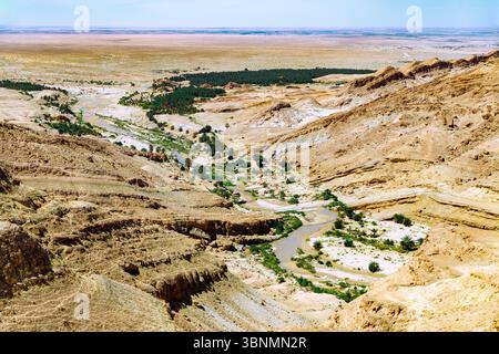 Blick auf die Palmenoase, die Berglandschaft des Sahara-Atlas und die Wüstensteppe in der Nähe von Tamerza, Tunesien, vom Aussichtspunkt „Canyon Panorama“ Stockfoto