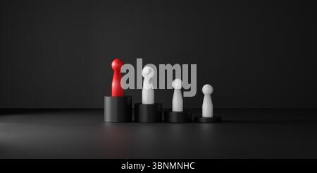 Minimalistisches 3D-Rendering einer roten Führungsfigur, die auf einem höheren schwarzen Podium unter weißen Figuren steht und Führung, Erfolg und Individualität symbolisiert Stockfoto