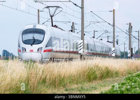 03. Juli 2025, Bayern, Straßkirchen: Der ICE-Zug, bei dem ein Mann mehrere Fahrgäste in Niederbayern attackierte. Der mutmaßliche Täter wurde verhaftet. Er hatte gefährliche Gegenstände bei dem Angriff benutzt. Foto: Armin Weigel/dpa Stockfoto