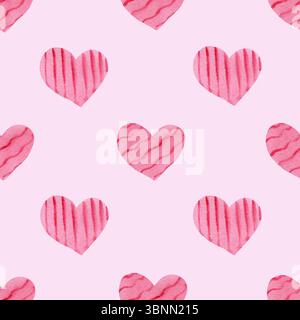 Nahtloses Aquarellmuster mit rosafarbenen, strukturierten Herzen auf weichem rosa Hintergrund Stockfoto