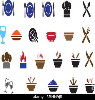 Vektorsammlung von Ikonen im Restaurant und im Gastronomiebereich mit verschiedenen Speiselementen Stock Vektor