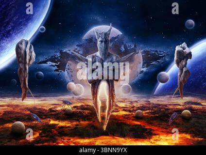 Eine Lavalandschaft, über der ein außerirdisches, halbmenschliches Wesen schwebt, der Mond im Hintergrund zerbricht, Planeten, Felsen, Roboter, Stockfoto