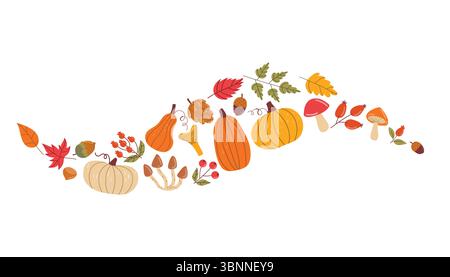 Niedliche Herbstkürbisse, Blätter, Pilze und Beeren in Wellenanordnung im Cartoon Flat Style. Gemütliche, saisonale Komposition, perfekt für Herbstdekor, fabelhaft Stock Vektor