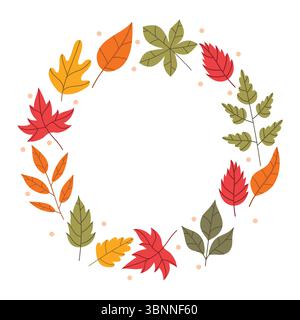 Niedlicher herbstlicher runder Rahmen oder Kranz mit Blättern und winzigen Punkten im flachen Cartoon-Stil. Warmes und kuscheliges saisonales Design, perfekt für Karten, Einladungen und Sticks Stock Vektor