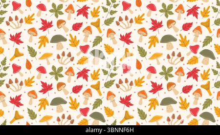 Nahtloses, flaches Cartoon-Muster mit Herbstblättern, Pilzen und kleinen Punkten in verspieltem, unordentlichem Layout. Ideal für Textilien, Papier, gemütlicher Herbst Stock Vektor