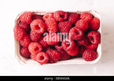 Frische Himbeeren im Karton. Rote reife Beeren auf weißem Hintergrund. Süße Sommerfrüchte aus der Nähe. Gesunder Bio-Snack. Natürliche Quelle von Vitaminen. Stockfoto