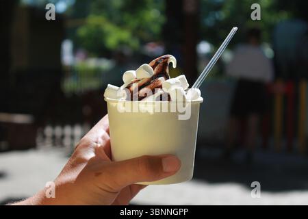 Eis mit Schokolade und Marshmallows im Pappbecher. Stockfoto
