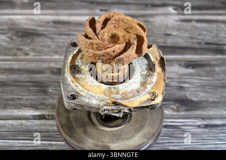 Eine alte, rostige Autowasserpumpe, Wasserpumpe ist für den Betrieb eines Automotors von entscheidender Bedeutung, sorgt dafür, dass das Kühlmittel durch den Motorblock, den Zylinderkopf, Stockfoto