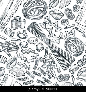 Nahtloses Muster verschiedener Nudelsorten. Vektorgrafik von Hand gezeichnet. Konzept für italienisches Restaurantdesign, Lebensmittelverpackung, Küchentextilien Stock Vektor