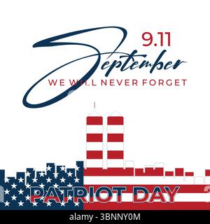 Hintergrund des Patriot Day mit abstrakter Skyline New York City isolierte Amrica-Flagge. Vektorabbildung Stock Vektor