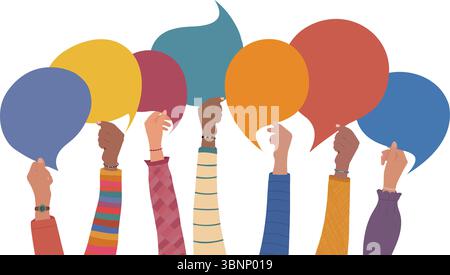 Erhobene Hände halten Sprechblasen, die Vielfalt Inklusion und multikulturelle Einheit symbolisieren Stock Vektor