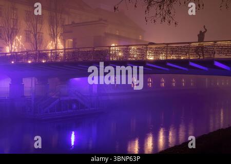 Ljubljana, Slowenien - 16. Januar 2022: Statue auf der Metzgerbrücke über dem Fluss Ljubljanica in einer nebeligen Winternacht in Ljubljana, Slowenien. Stockfoto